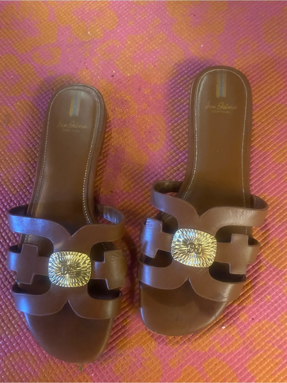 Sam Edelman Leather Slide Sandals with Gold Emblem